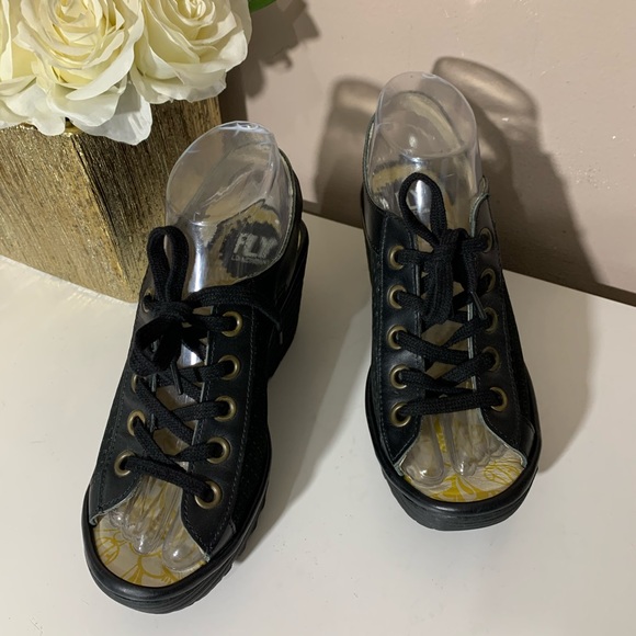 SOLD Fly London Yorl Leather Wedge Sandal Black - Picture 10 of 11